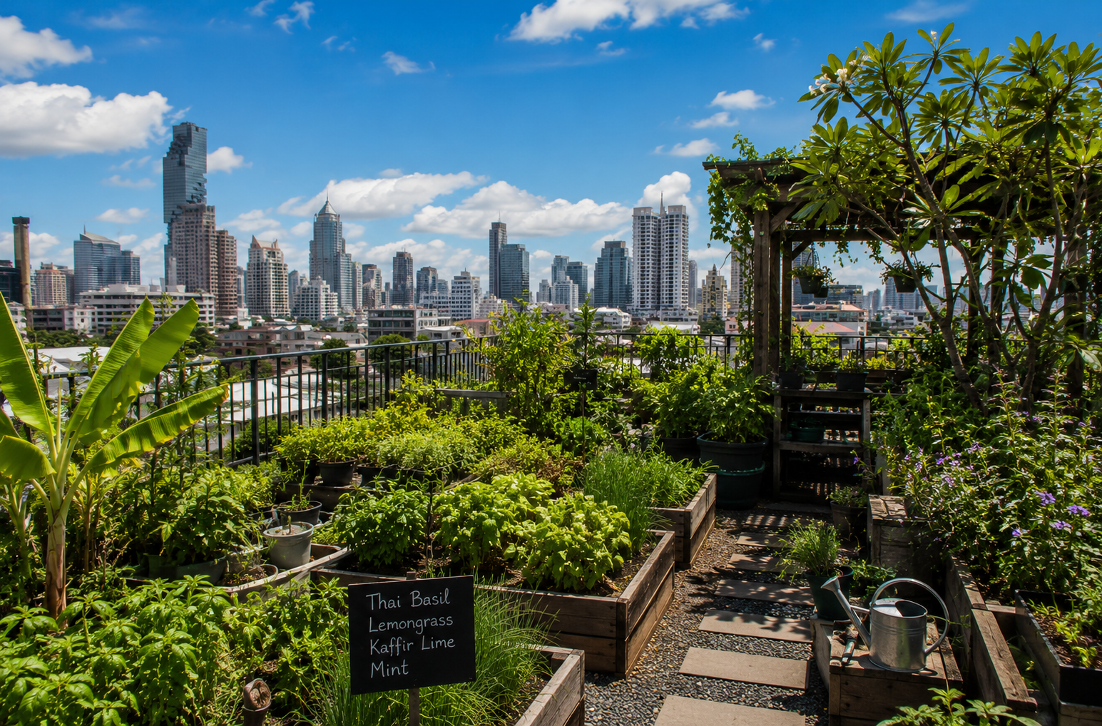 Lush rooftop garden above Bangkok