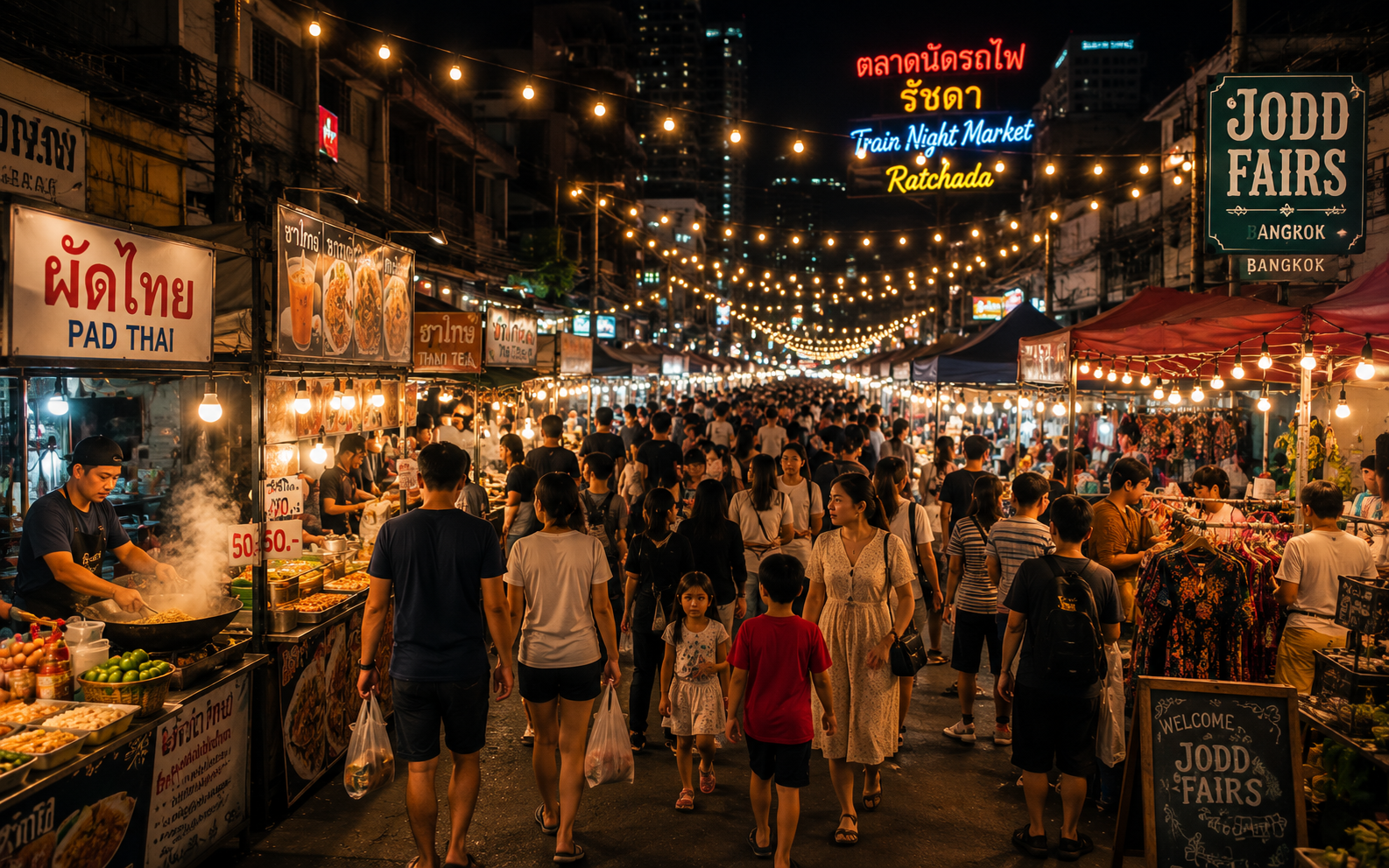 Night market scene with fairy lights