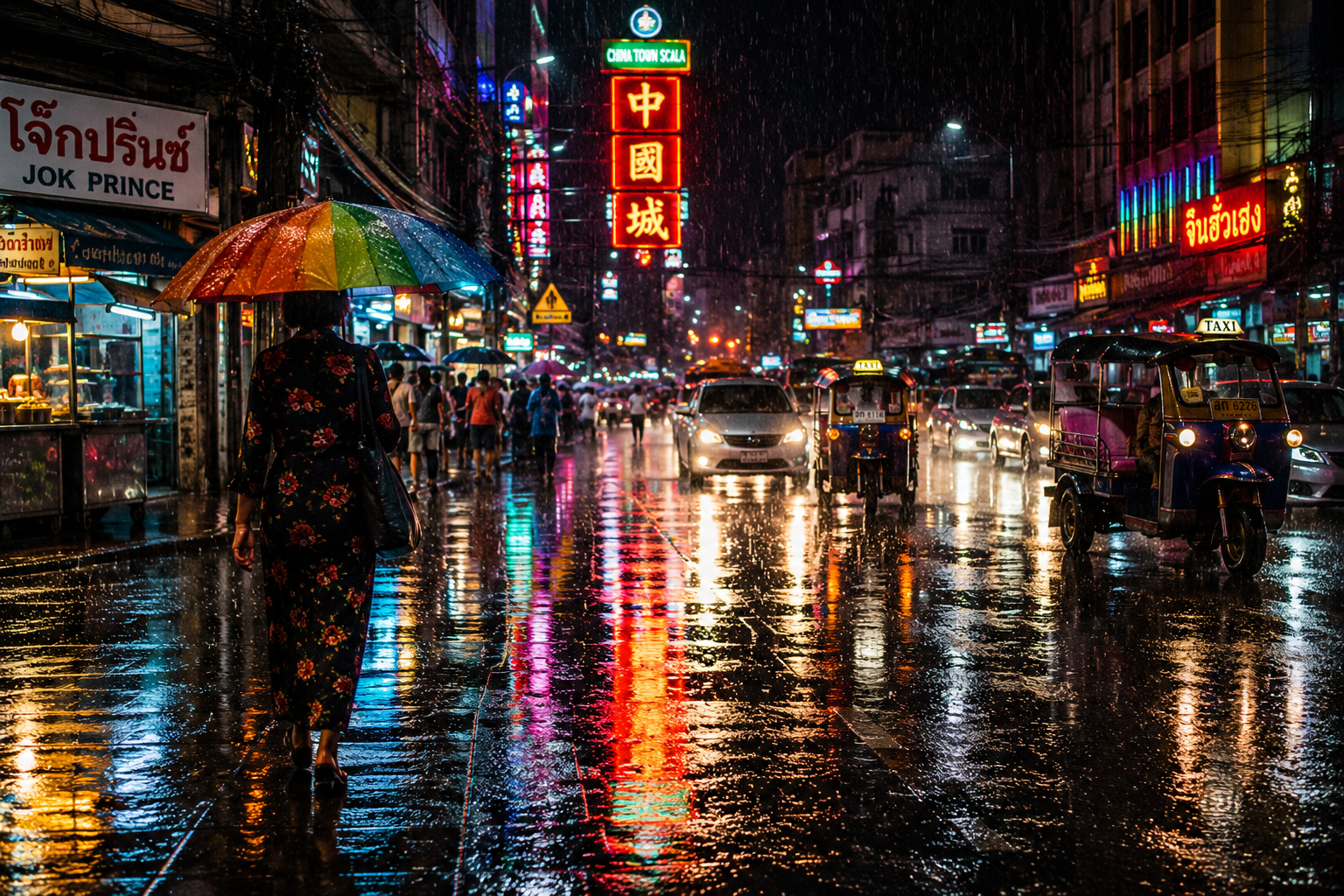 Rain falling on Bangkok street